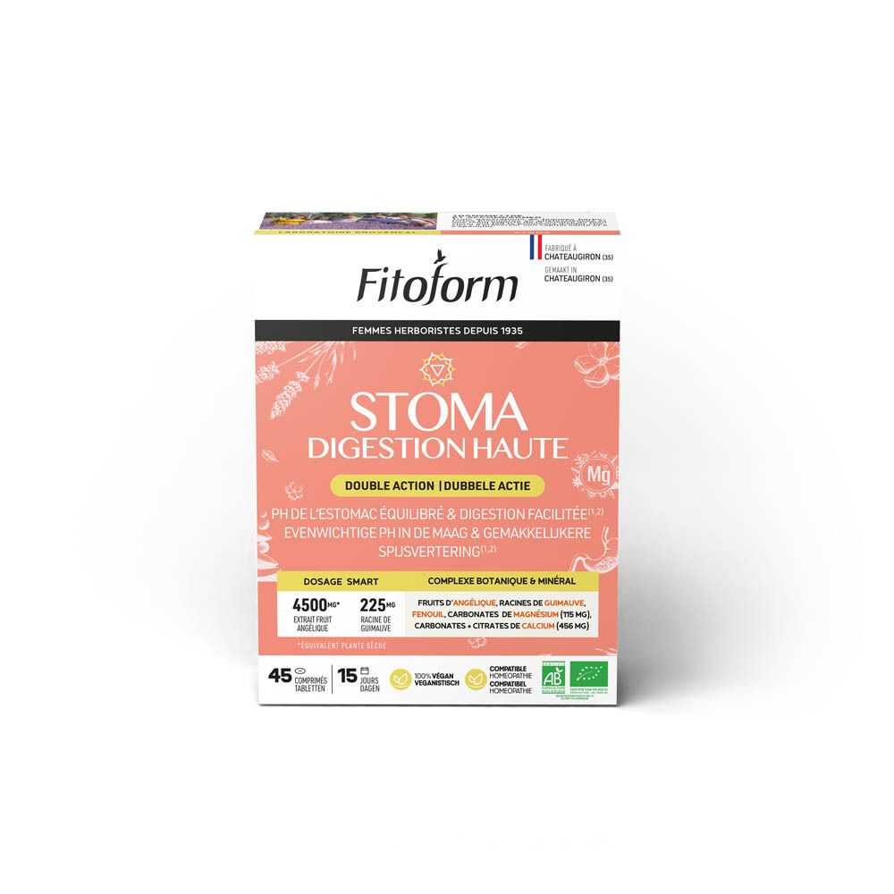 Boîte Fitoform Stoma Digestion Haute. Carton blanc avec nom du produit et label BIO. 45 comprimés.