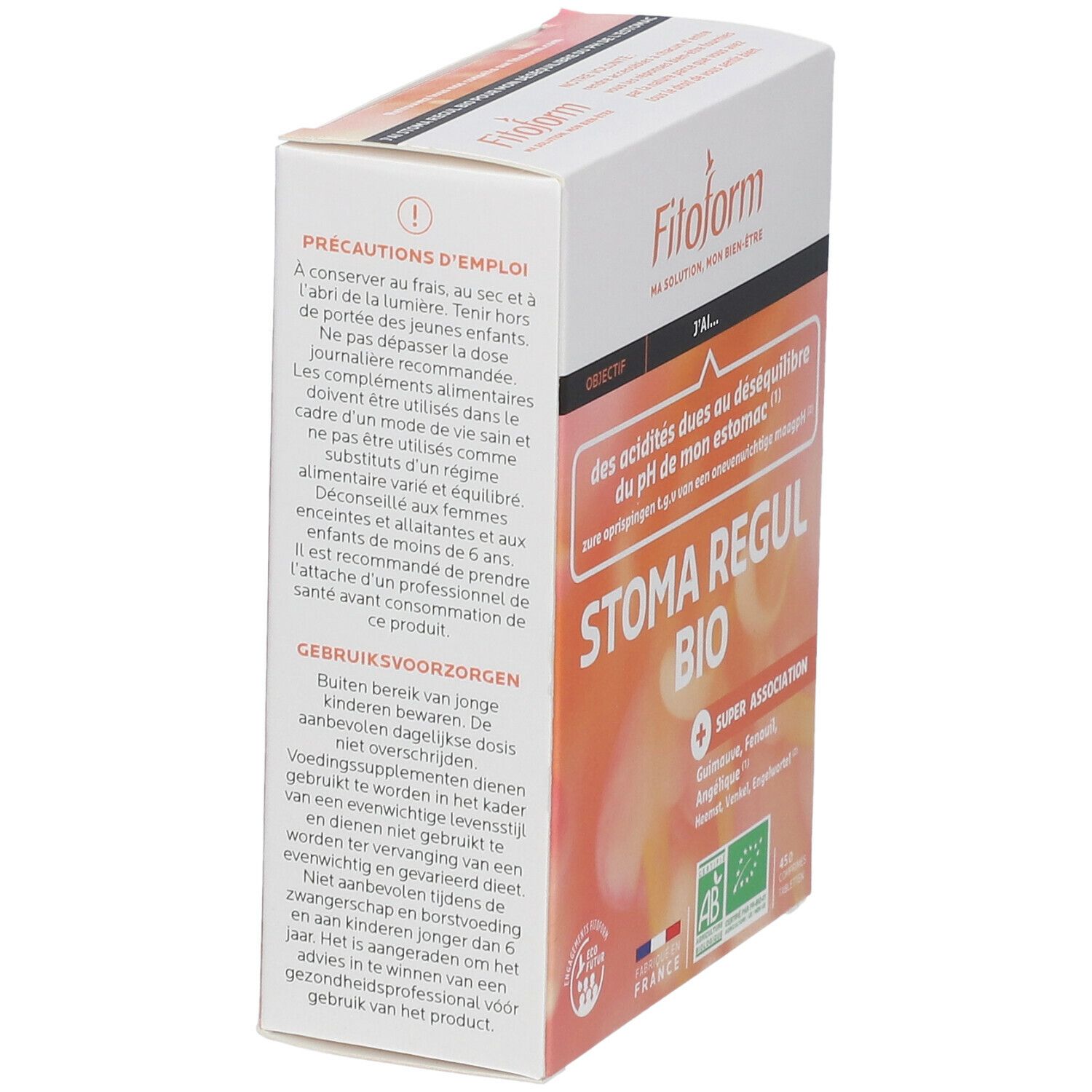 Boîte Fitoform Stoma Regul BIO. Carton blanc, en biais. Nom du produit, label BIO et certifications françaises.