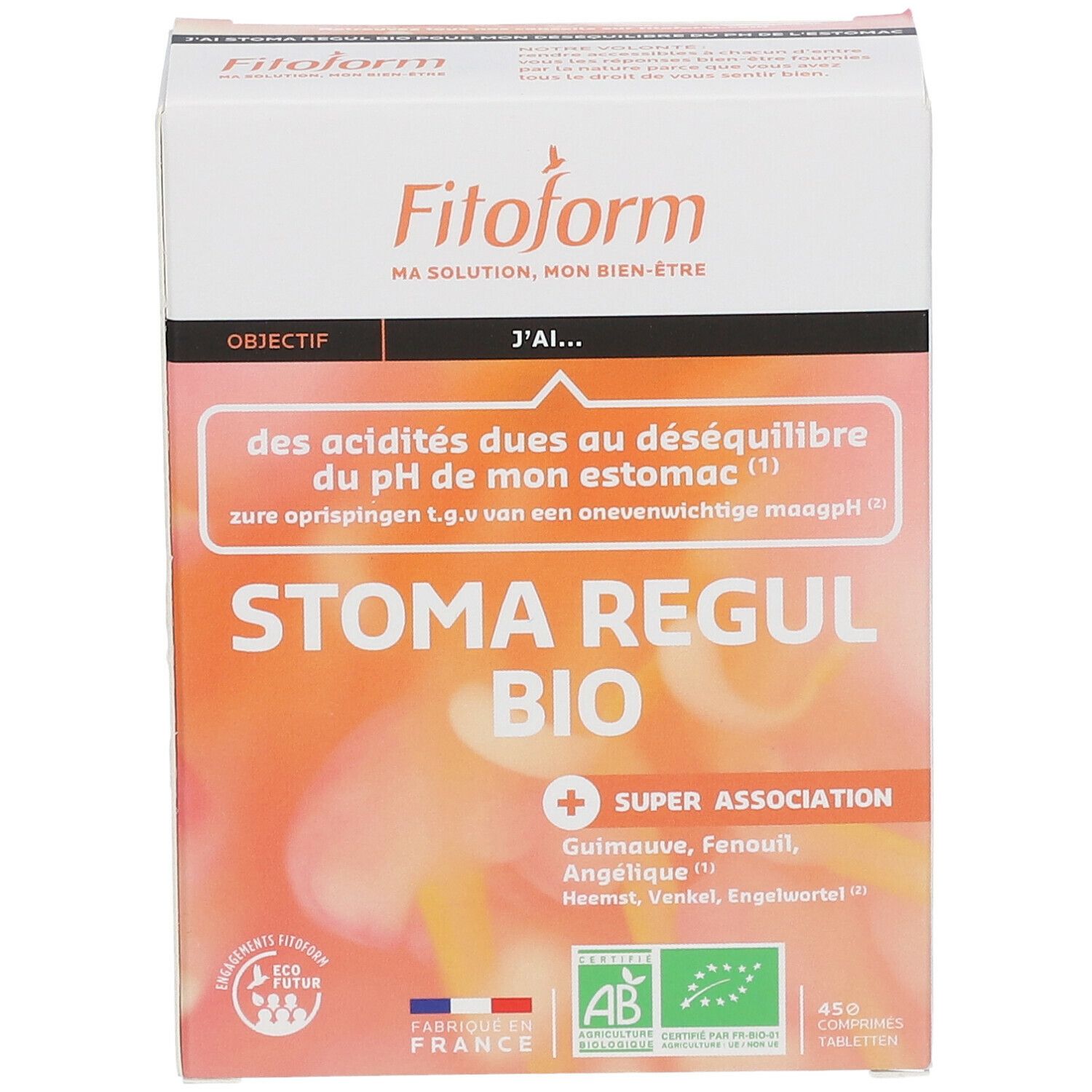 Boîte Fitoform Stoma Regul BIO. Carton blanc avec nom du produit et label BIO. Certifications françaises et européennes.