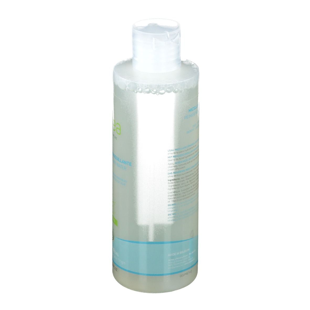 Flacon transparent avec bouchon blanc. Texte au dos. Bande bleu clair en bas.