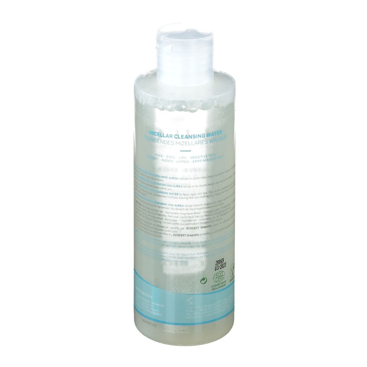 Flacon transparent avec bouchon blanc. Texte au dos. Bande bleu clair en bas.