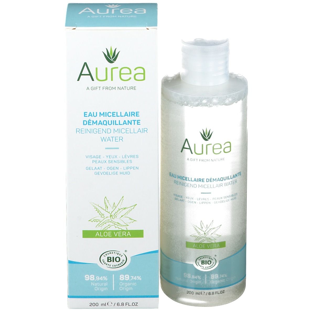 Flacon et emballage. Inscription Aurea, Eau micellaire, Aloe Vera. Label Bio.