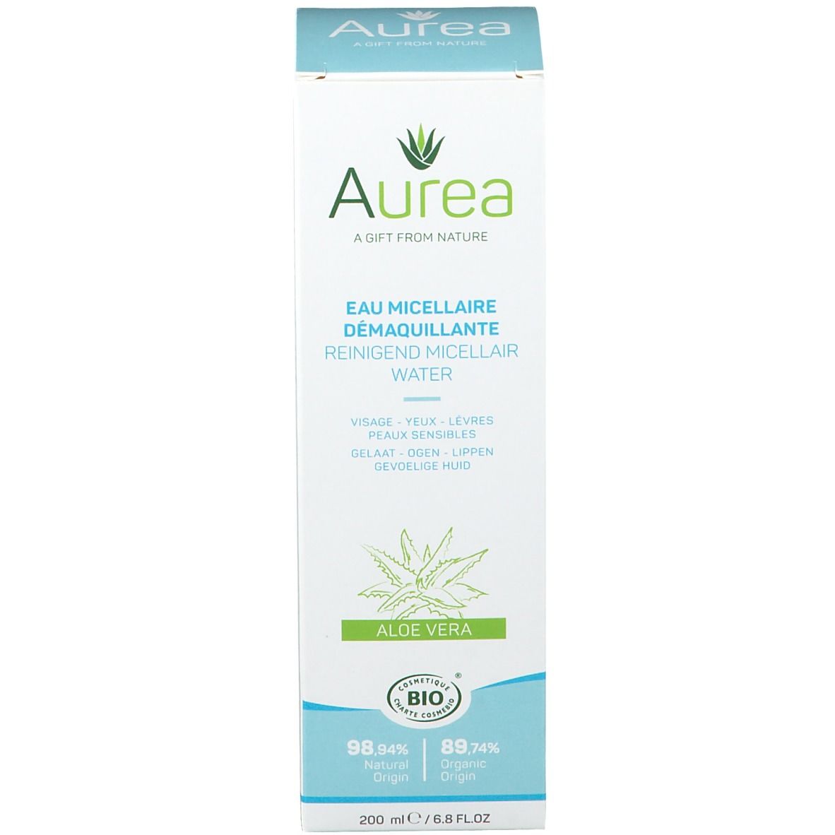 Emballage rectangulaire. Inscription Aurea, Eau micellaire, Aloe Vera. Label Bio.