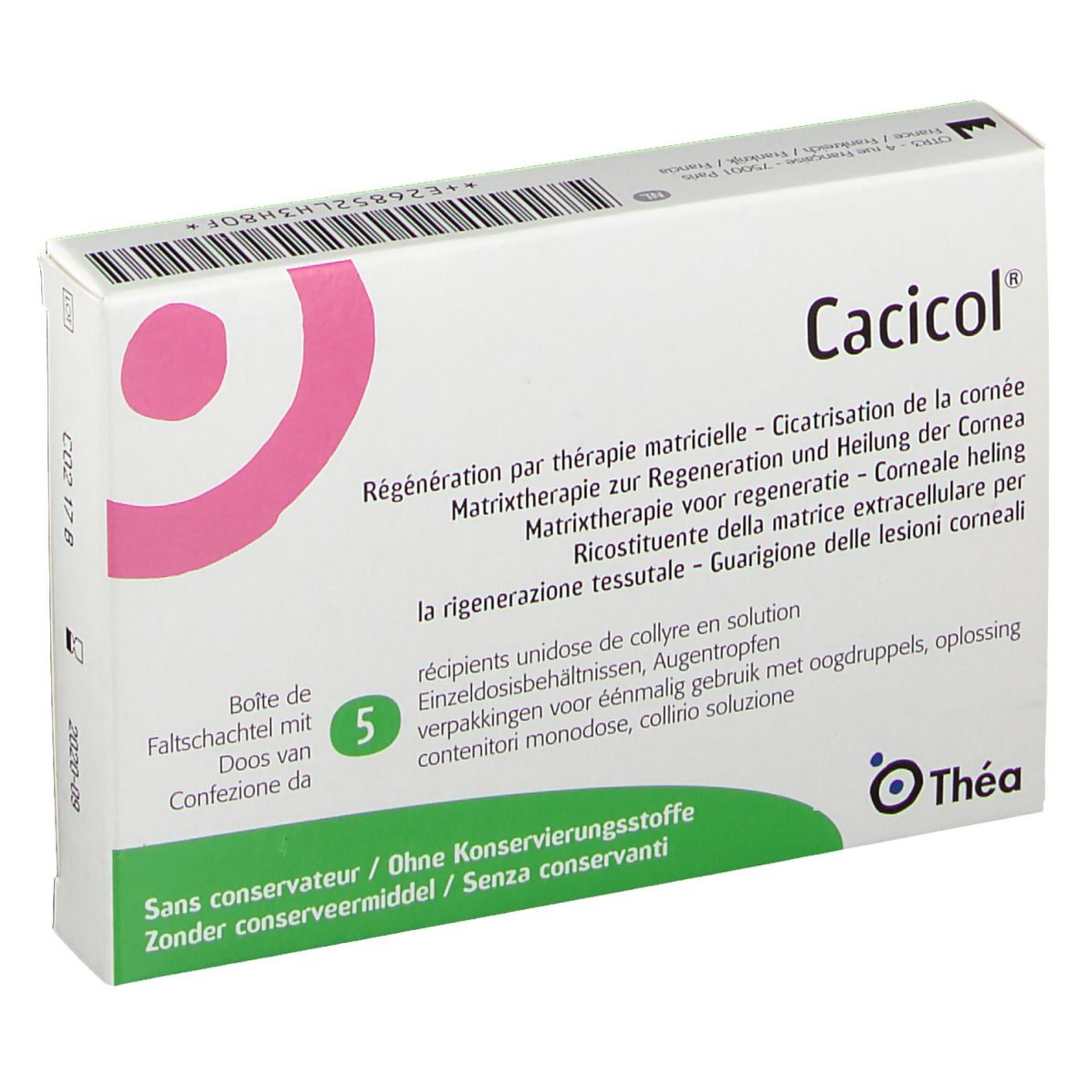 Cacicol®-Verpackung, weiß mit rosa Logo. Enthält 5 Einzeldosisbehälter. Text in mehreren Sprachen.