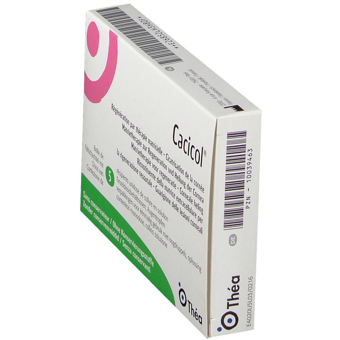 Cacicol®-Verpackung, weiß mit rosa Logo. Enthält 5 Einzeldosisbehälter. Schräge Ansicht.