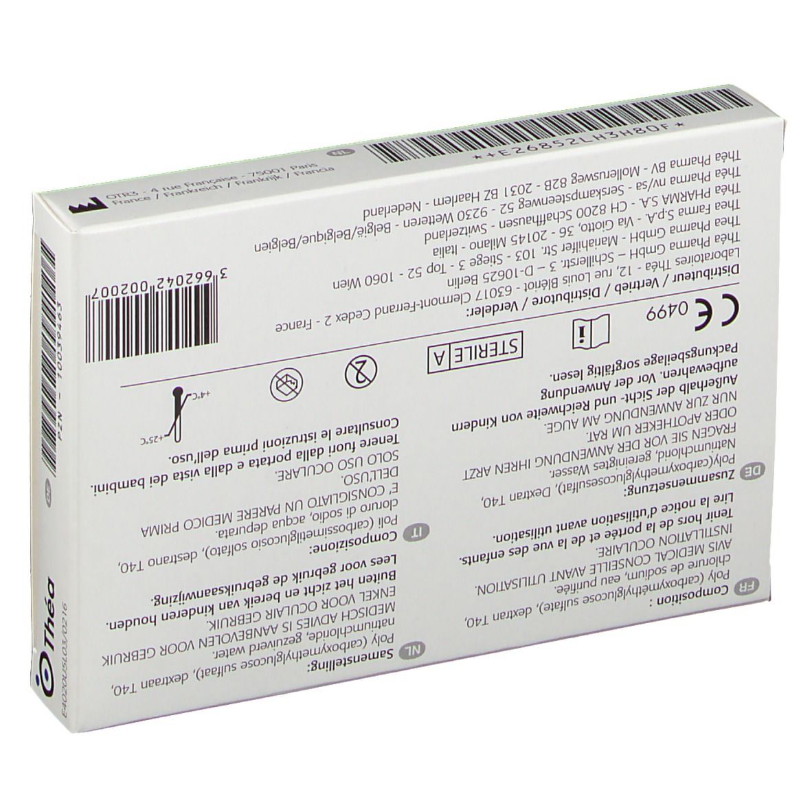 Rückseite der Cacicol®-Verpackung. Text in mehreren Sprachen. Herstellerinformationen und Symbole.