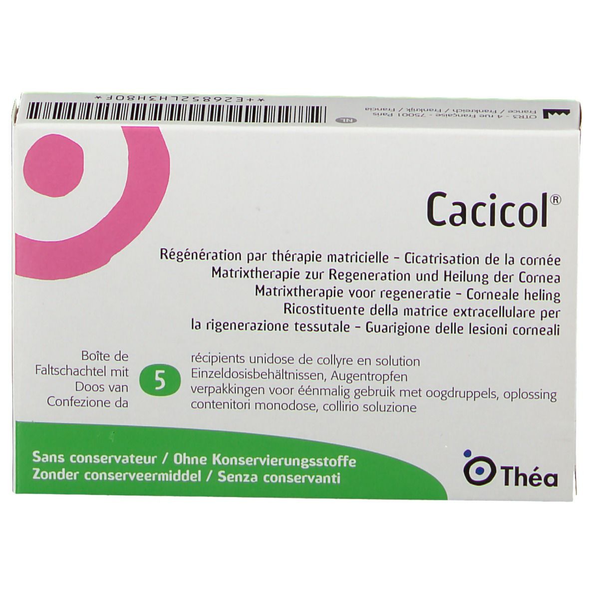 Cacicol®-Verpackung, weiß mit rosa Logo. Enthält 5 Einzeldosisbehälter. Nahaufnahme.
