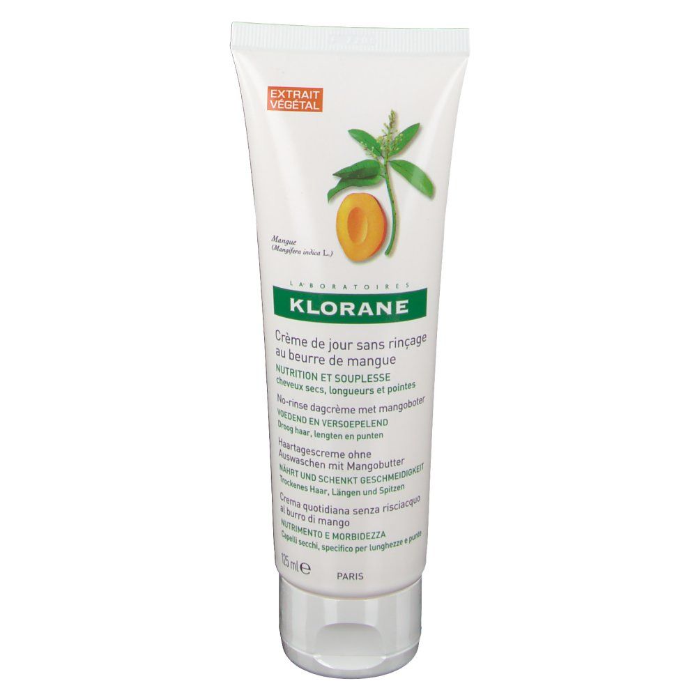 Tube de Klorane Crème de jour sans rinçage au beurre de mangue. Blanc, éléments verts et oranges. Illustration de mangue, Extrait Végétal.