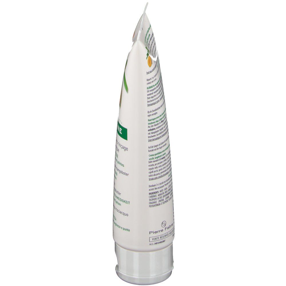 Tube Klorane, vue latérale. Blanc, avec texte et éléments verts. Impression: informations produit, ingrédients, fabricant.