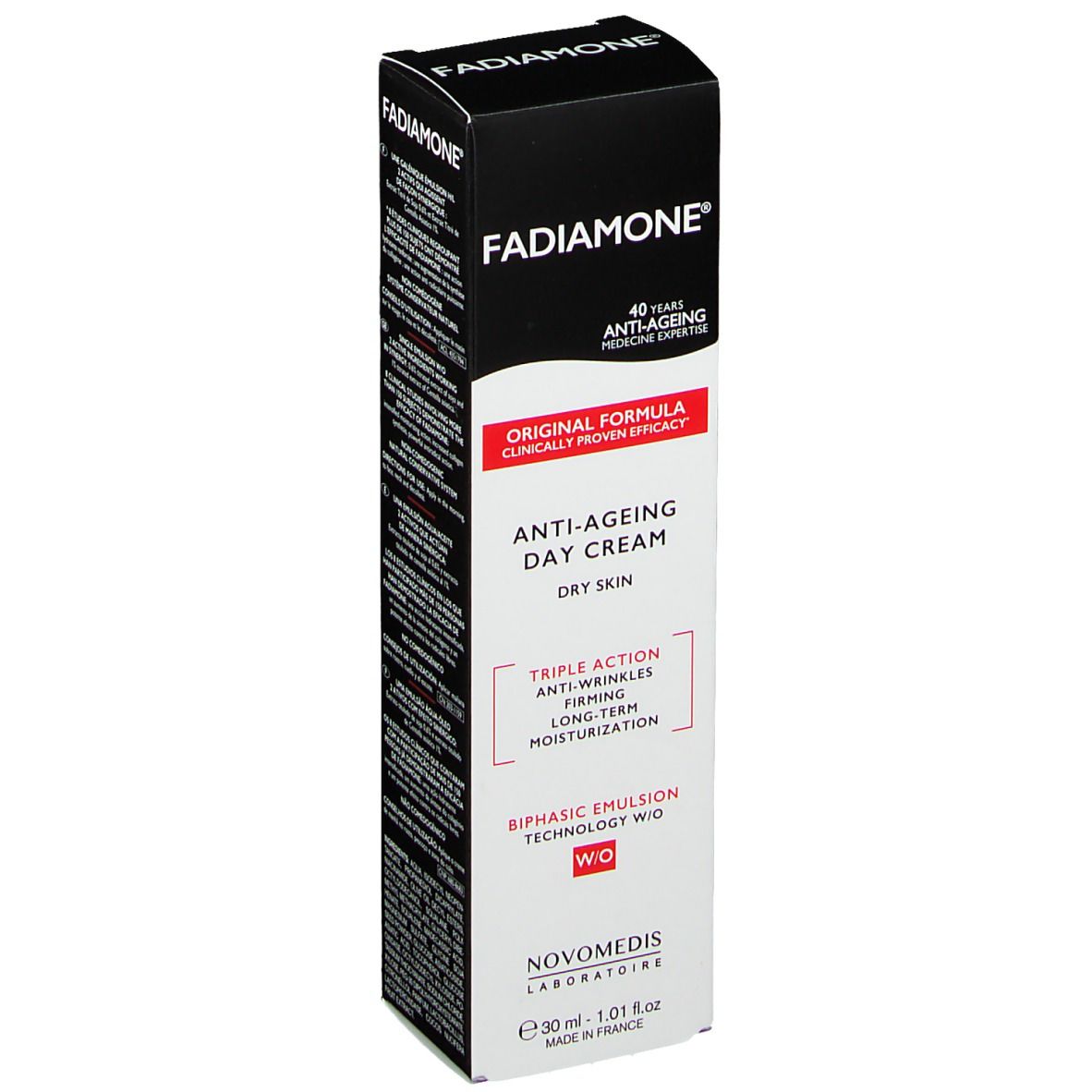 Fadiamone Anti-Age Day Cream verpakking. Zwarte en witte doos met productnaam en informatie. Zichtbare tekst: Anti-Ageing Day Cream, Dry Skin.