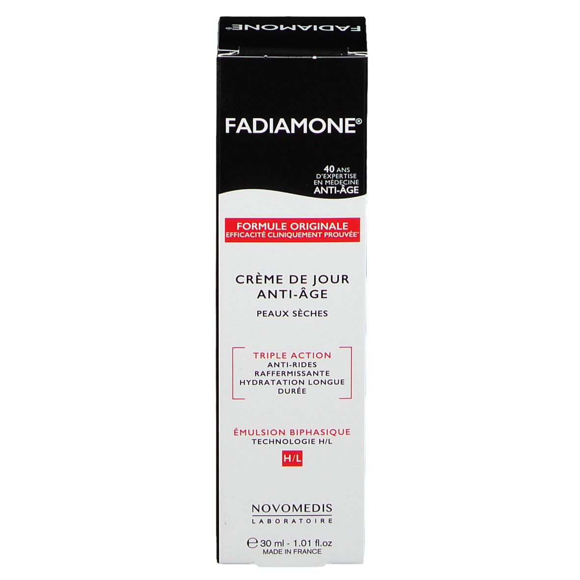 Fadiamone Crème de Jour Anti-Âge verpakking. Zwarte en witte doos met productnaam en informatie. Zichtbare tekst: Crème de Jour Anti-Âge, Peaux Sèches.
