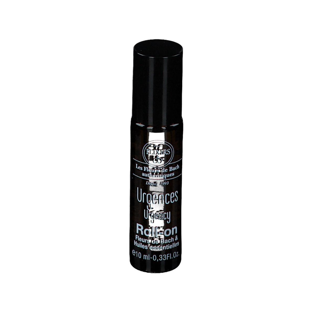 Flacon cylindrique avec bouchon noir. Inscription : Urgences Roll-on, Elixirs & Co. 10 ml.