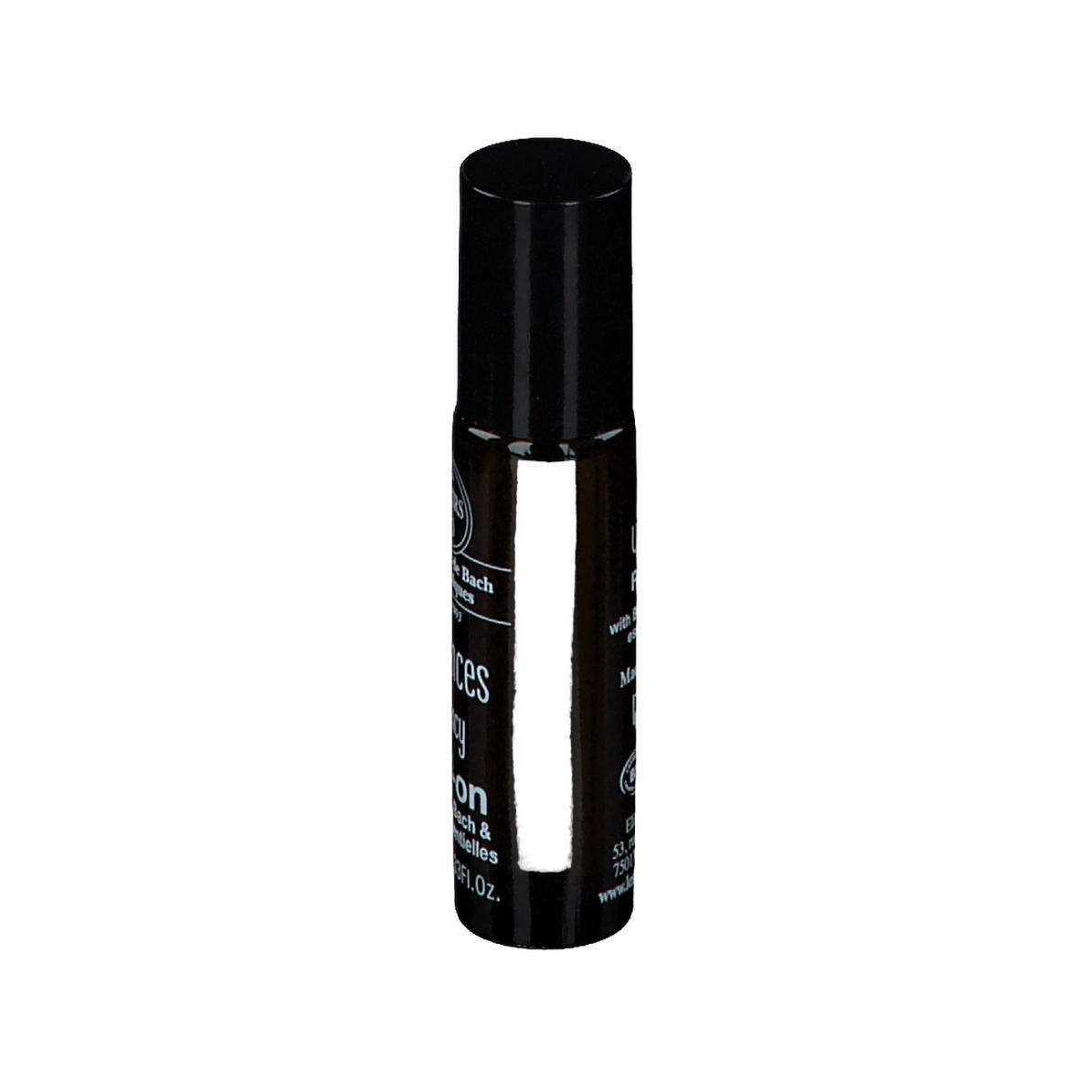 Flacon cylindrique avec bouchon noir. Inscription : Urgences Roll-on, Elixirs & Co. 10 ml.