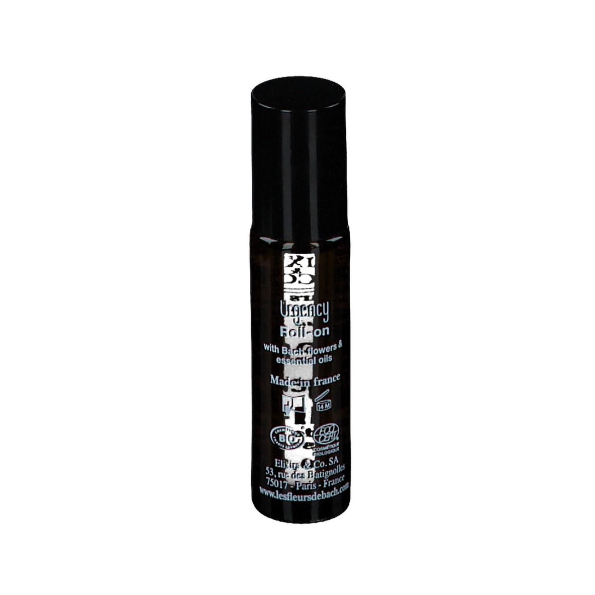 Flacon cylindrique avec bouchon noir. Inscription : Urgences Roll-on, Elixirs & Co. 10 ml.