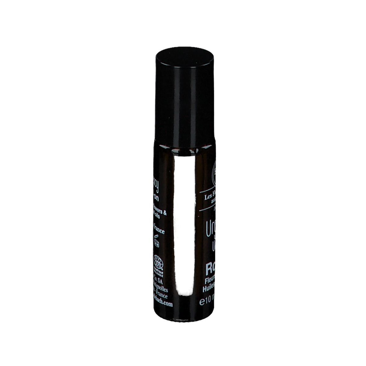 Flacon cylindrique avec bouchon noir. Inscription : Urgences Roll-on, Elixirs & Co. 10 ml.