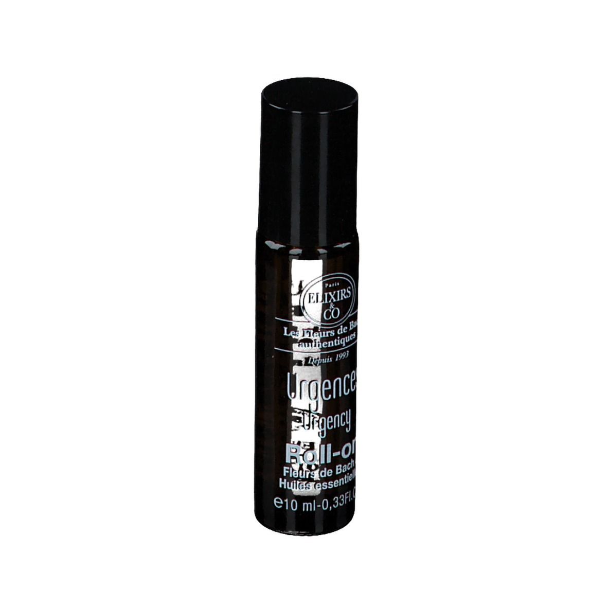 Flacon cylindrique avec bouchon noir. Inscription : Urgences Roll-on, Elixirs & Co. 10 ml.