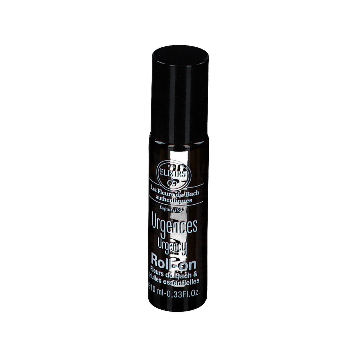 Flacon cylindrique avec bouchon noir. Inscription : Urgences Roll-on, Elixirs & Co. 10 ml.