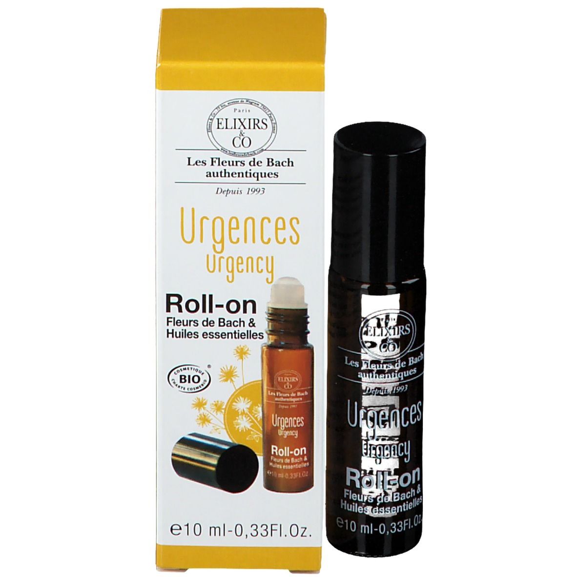 Flacon cylindrique avec bouchon noir et emballage. Inscription : Urgences Roll-on, Elixirs & Co. 10 ml.