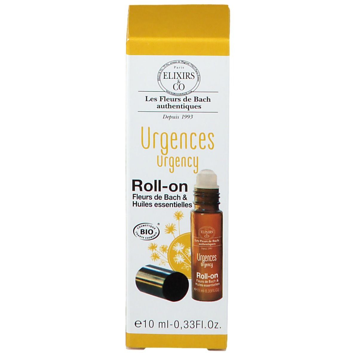 Flacon cylindrique avec bouchon noir et emballage. Inscription : Urgences Roll-on, Elixirs & Co. 10 ml.
