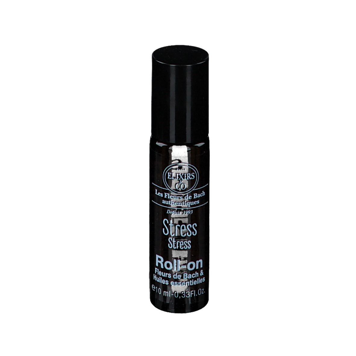 Zylindrische, braune Glasflasche mit schwarzem Deckel. Beschriftung: Stress Roll-on, Bachblüten & ätherische Öle. e10 ml.