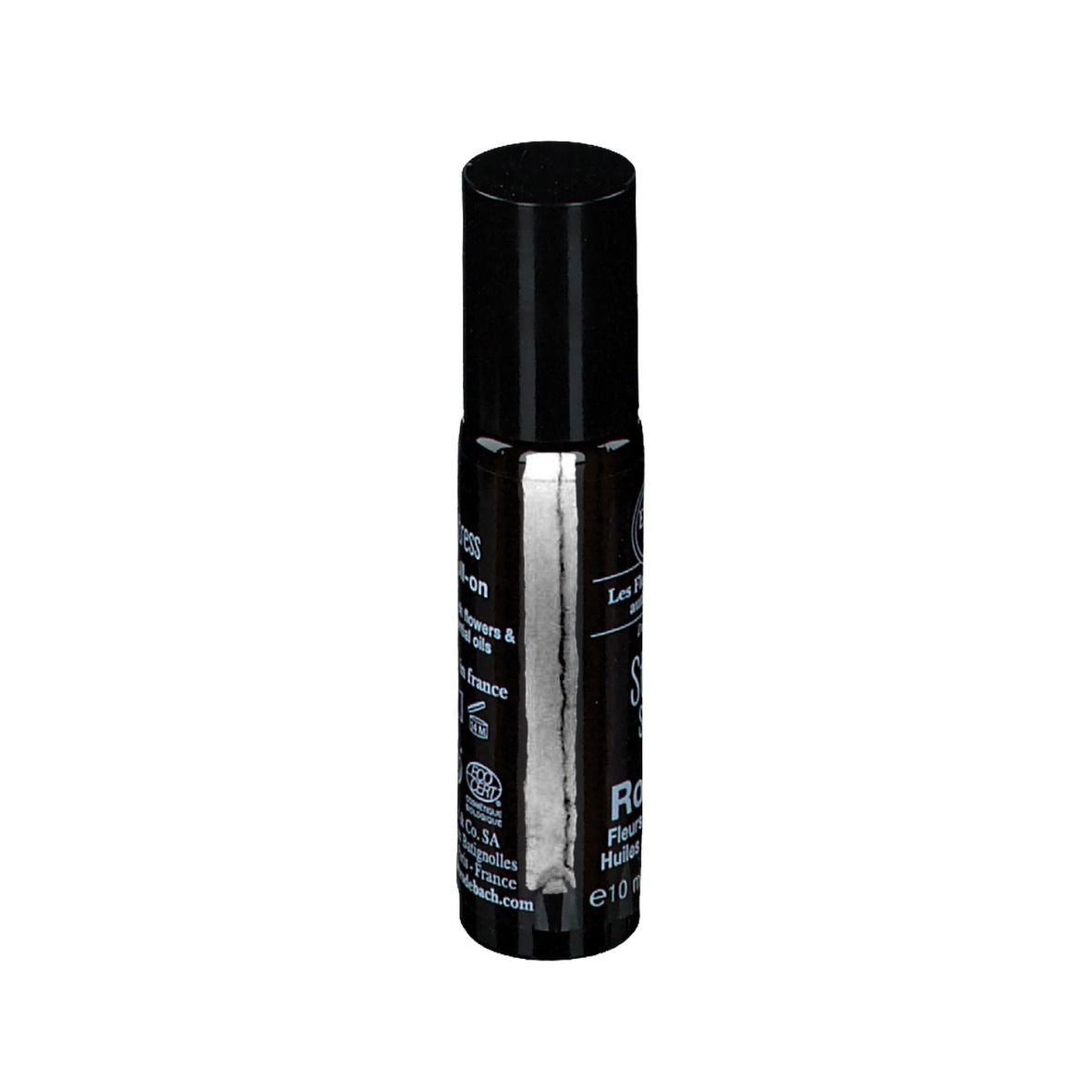 Zylindrische, braune Glasflasche mit schwarzem Deckel. Beschriftung: Stress Roll-on, Bachblüten & ätherische Öle. e10 ml.