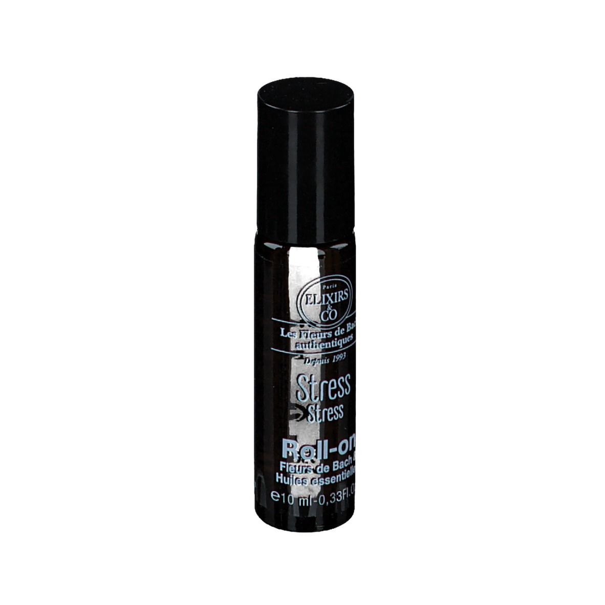 Zylindrische, braune Glasflasche mit schwarzem Deckel. Beschriftung: Stress Roll-on, Bachblüten & ätherische Öle. e10 ml.