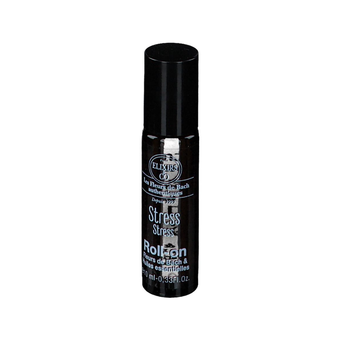 Zylindrische, braune Glasflasche mit schwarzem Deckel. Beschriftung: Stress Roll-on, Bachblüten & ätherische Öle. e10 ml.