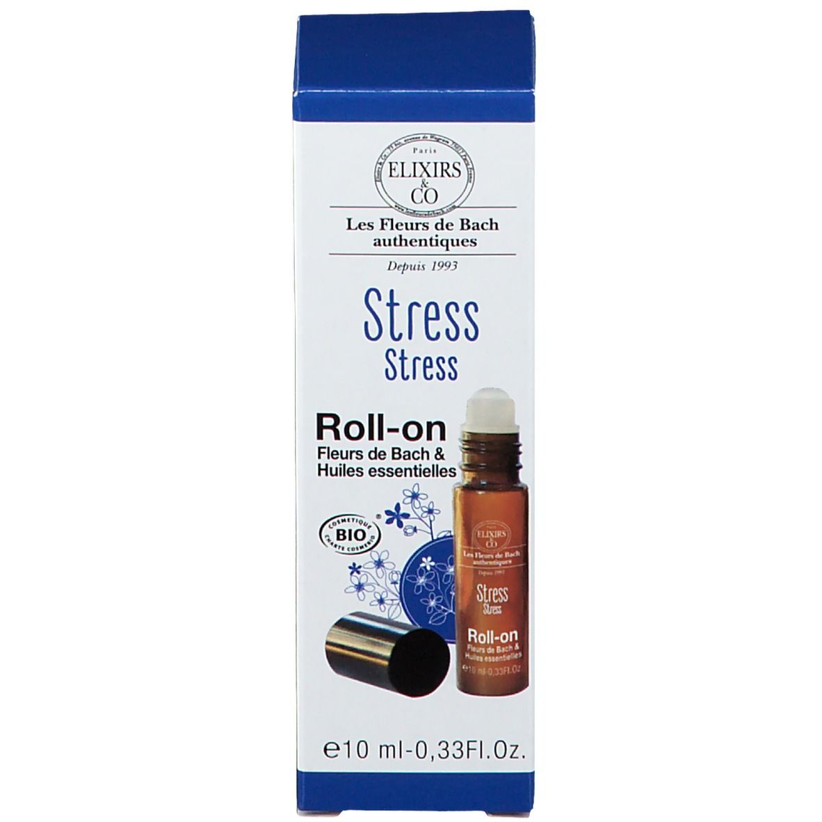 Produktverpackung mit Flasche und Roll-on. Beschriftung: Stress Roll-on, Bachblüten & ätherische Öle. BIO-Zertifizierung.