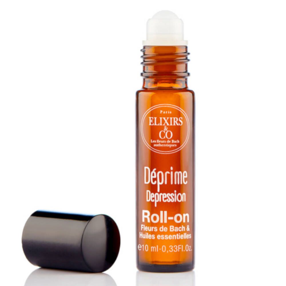 Flacon en verre ambré avec applicateur roll-on et bouchon noir. Inscription : Elixirs & Co, Déprome Depression Roll-on.