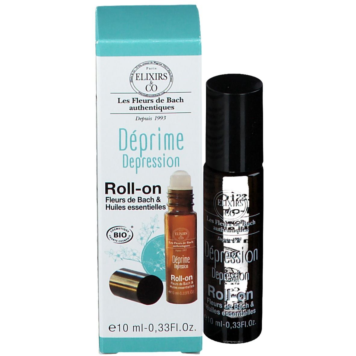 Emballage du produit avec flacon et roll-on. Inscription : Elixirs & Co, Déprome Depression Roll-on, Fleurs de Bach.