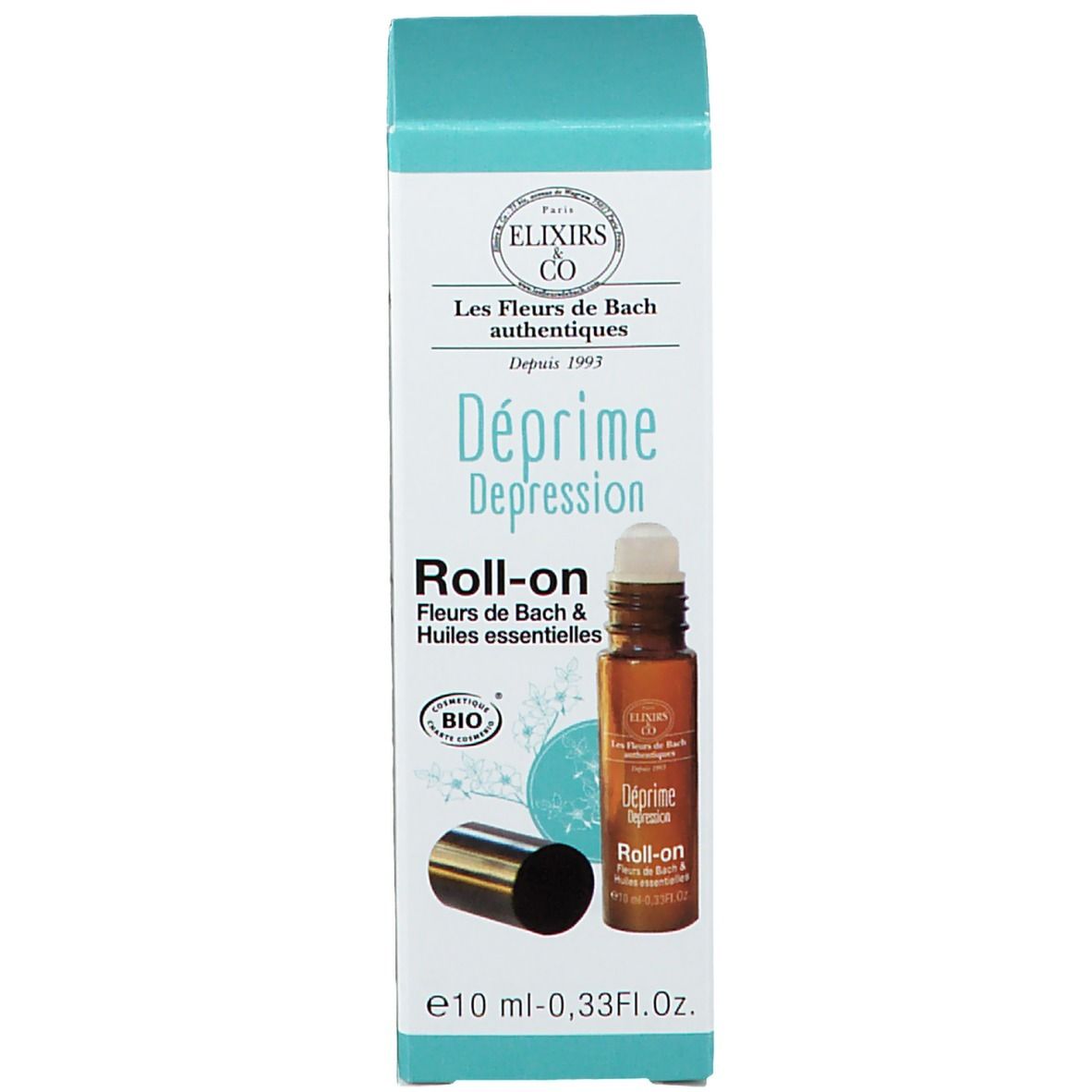 Emballage du produit avec flacon et roll-on. Inscription : Elixirs & Co, Déprome Depression Roll-on, Fleurs de Bach.