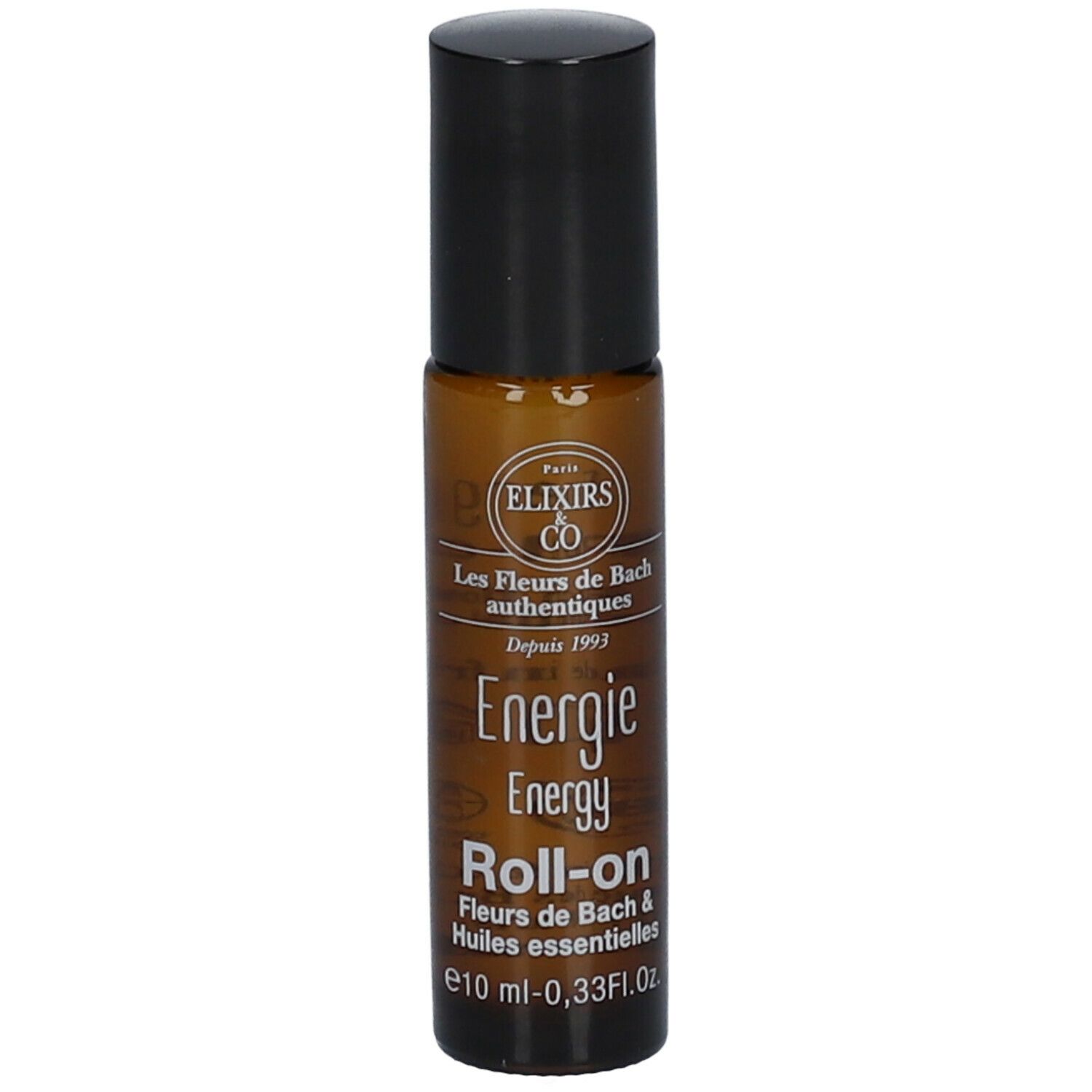 Flacon en verre brun avec bouchon noir. Inscription : Energie Roll-on, 10 ml. Marque : Elixirs & Co.