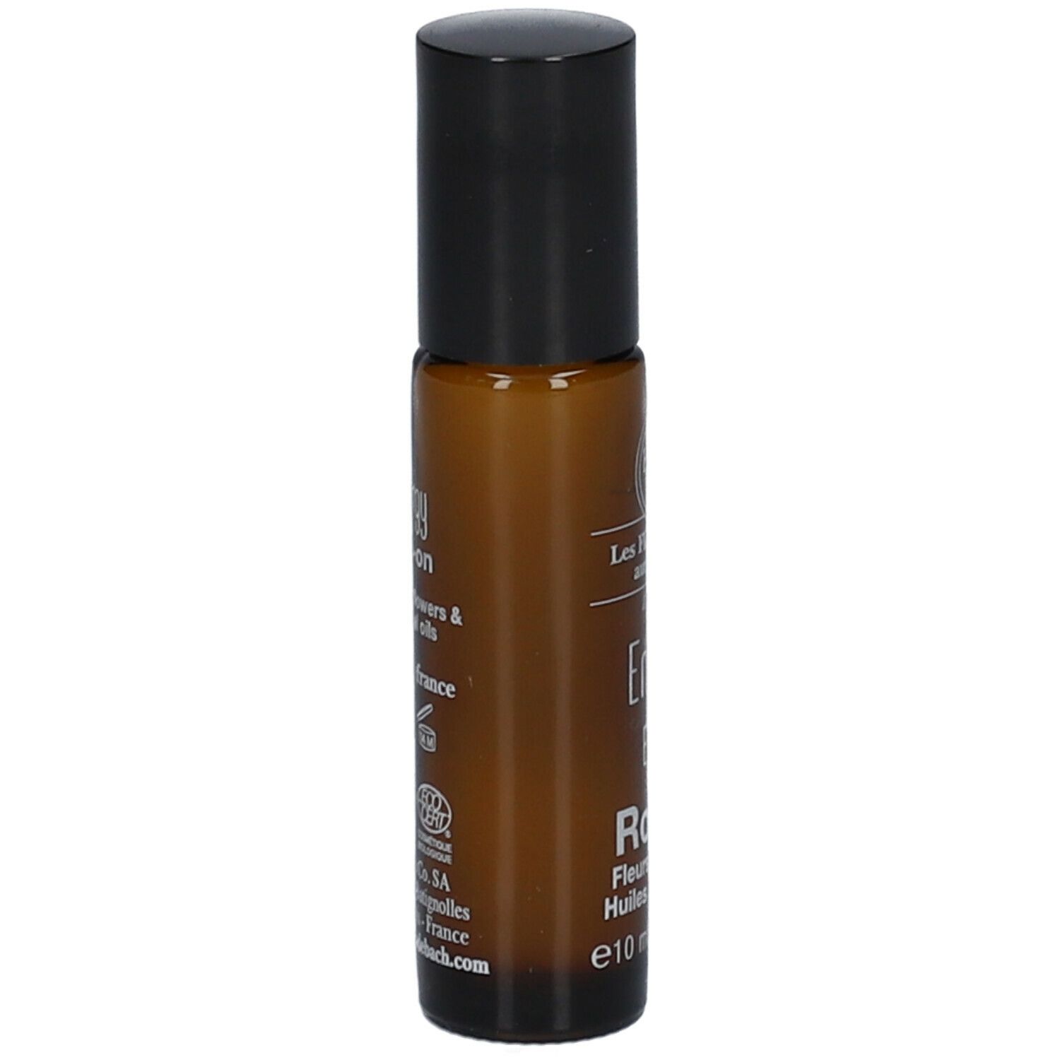 Flacon en verre brun avec bouchon noir. Inscription : Energie Roll-on, 10 ml. Marque : Elixirs & Co.