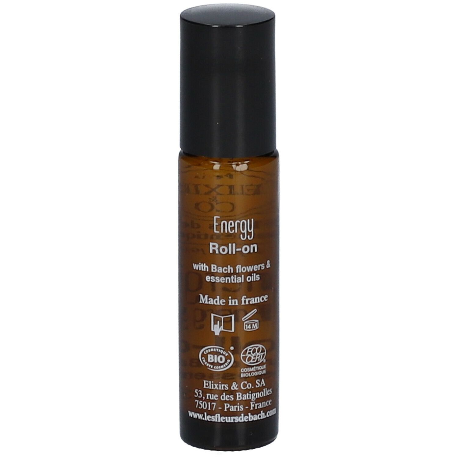 Flacon en verre brun avec bouchon noir. Inscription : Energie Roll-on, 10 ml. Marque : Elixirs & Co.