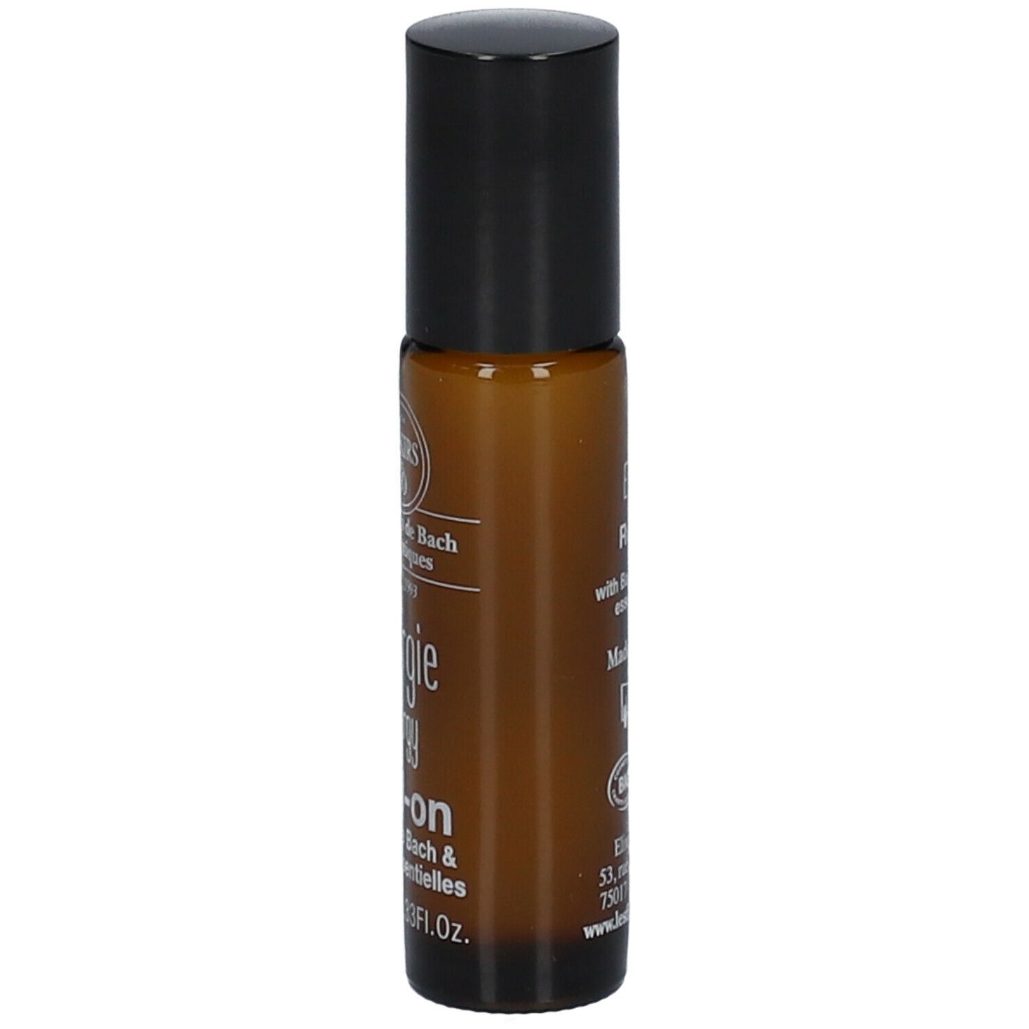 Flacon en verre brun avec bouchon noir. Inscription : Energie Roll-on, 10 ml. Marque : Elixirs & Co.