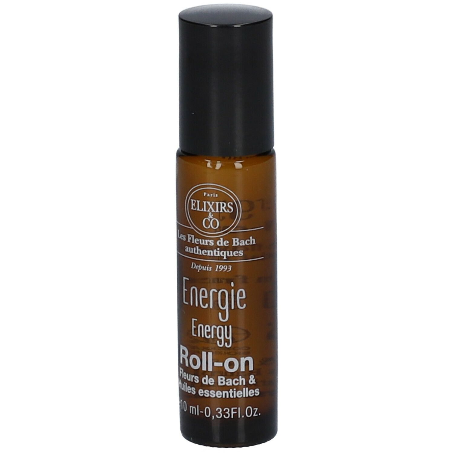 Flacon en verre brun avec bouchon noir. Inscription : Energie Roll-on, 10 ml. Marque : Elixirs & Co.