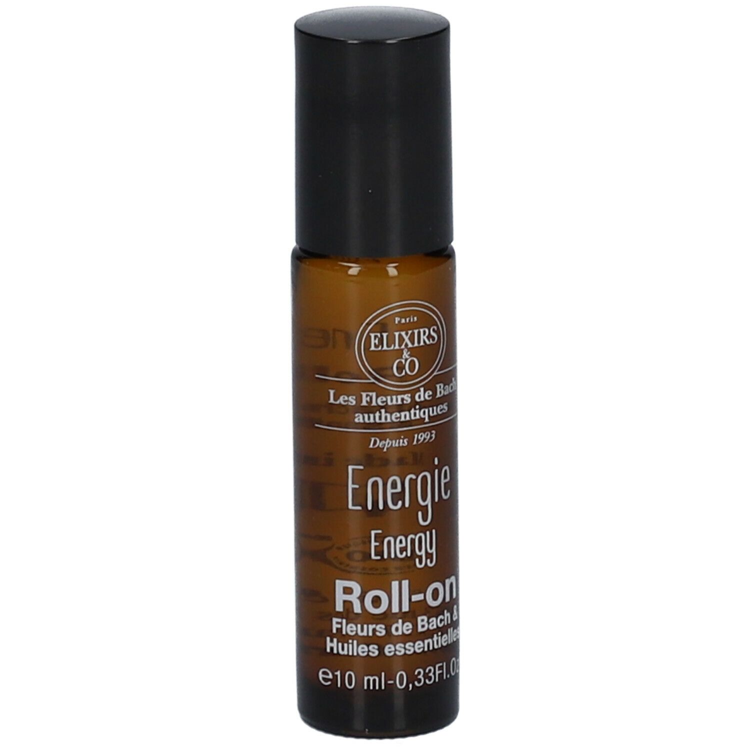 Flacon en verre brun avec bouchon noir. Inscription : Energie Roll-on, 10 ml. Marque : Elixirs & Co.