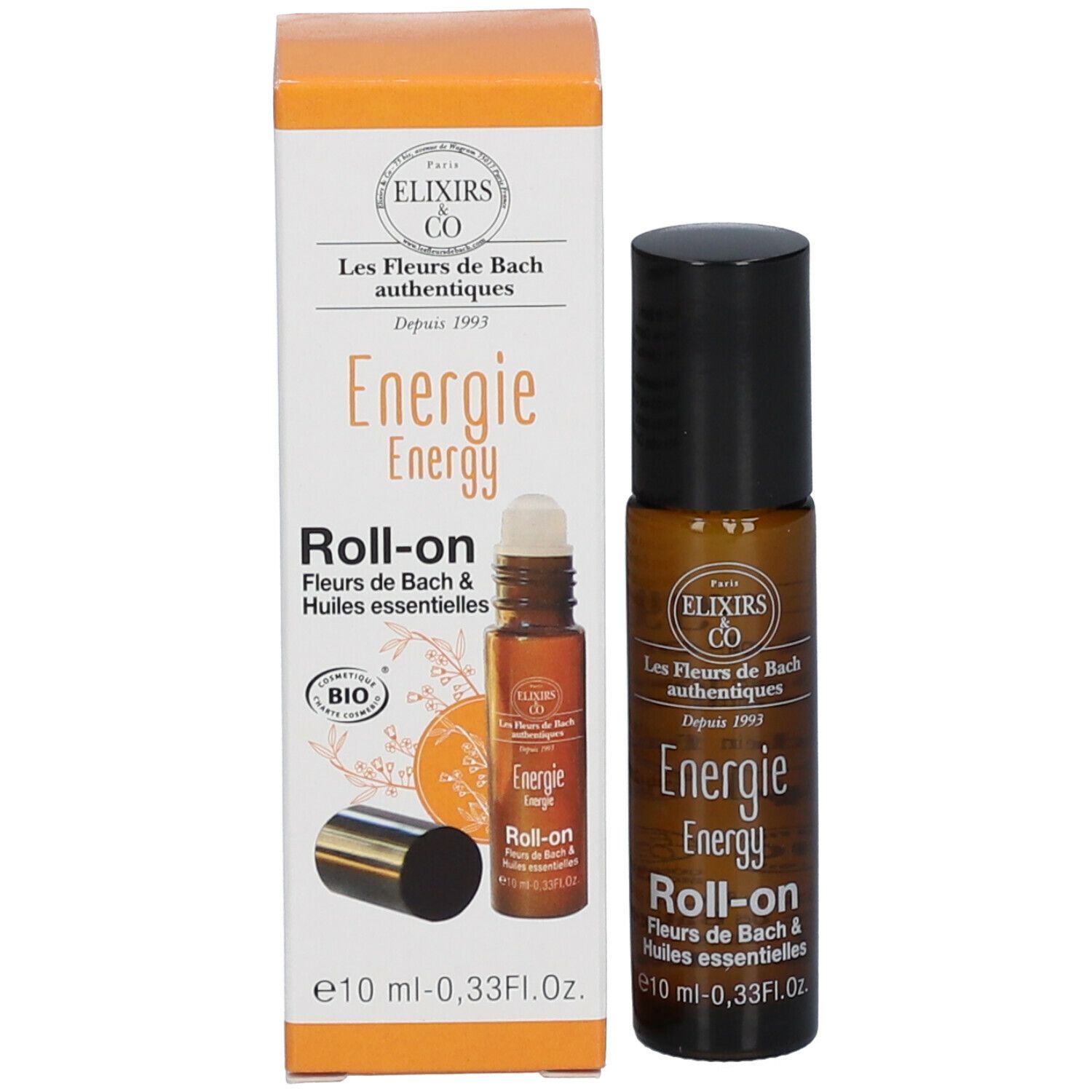 Emballage avec flacon et roll-on. Inscription : Energie Roll-on, 10 ml. Marque : Elixirs & Co.