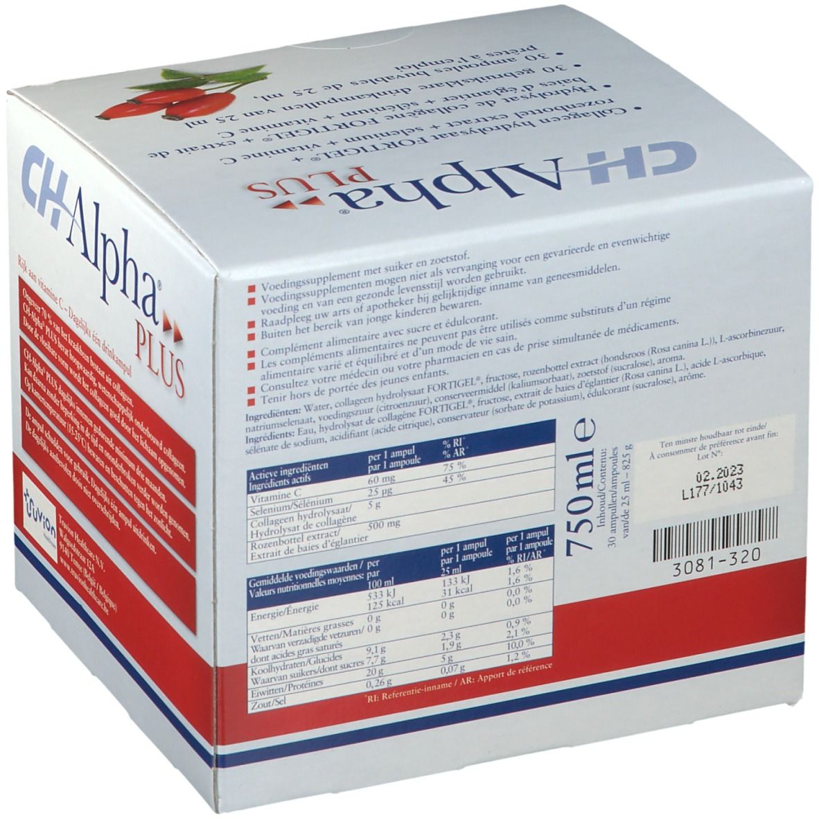 Kartonverpackung mit Produktaufdruck. Aufschrift: CH-Alpha Plus. Enthält Nährwertangaben und Inhaltsstoffe.