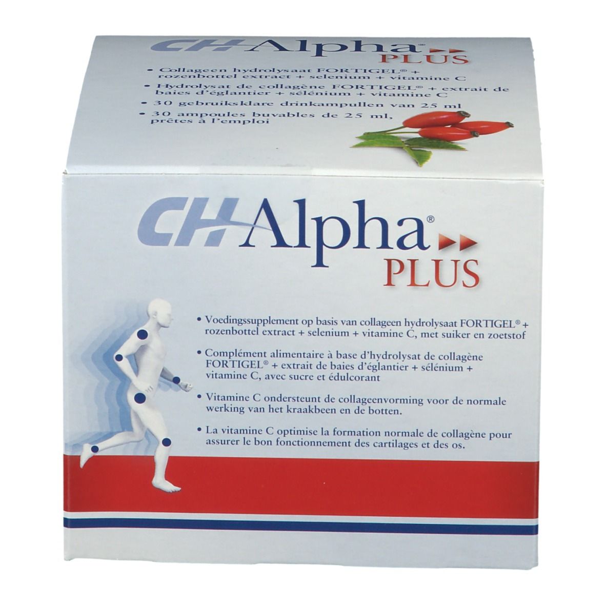 Kartonverpackung mit Produktaufdruck. Aufschrift: CH-Alpha Plus. Abbildung einer Person mit hervorgehobenen Gelenken.