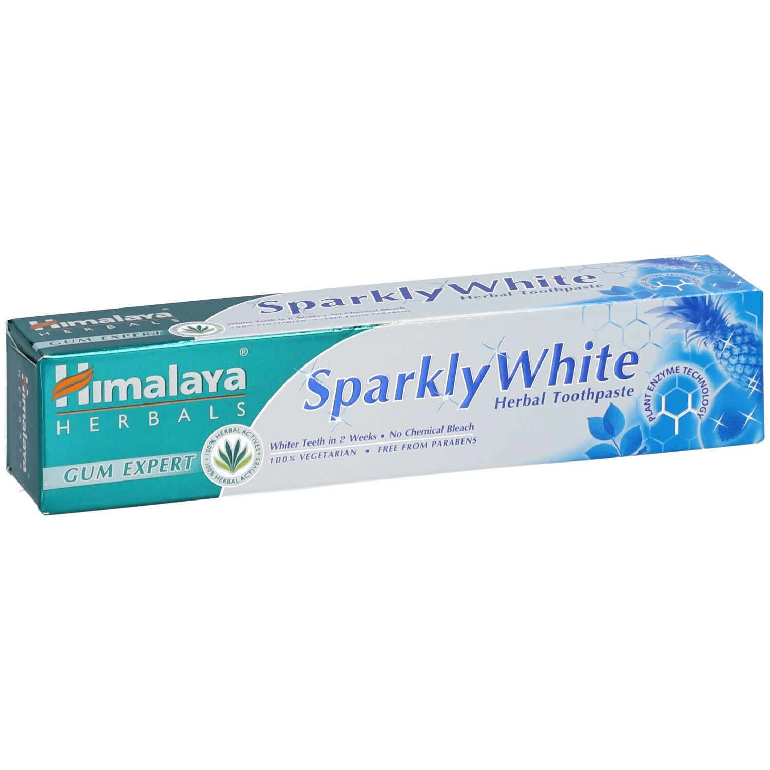 Tandpasta verpakking met Himalaya Herbals logo en Sparkly White. Groen-wit design met productinformatie.