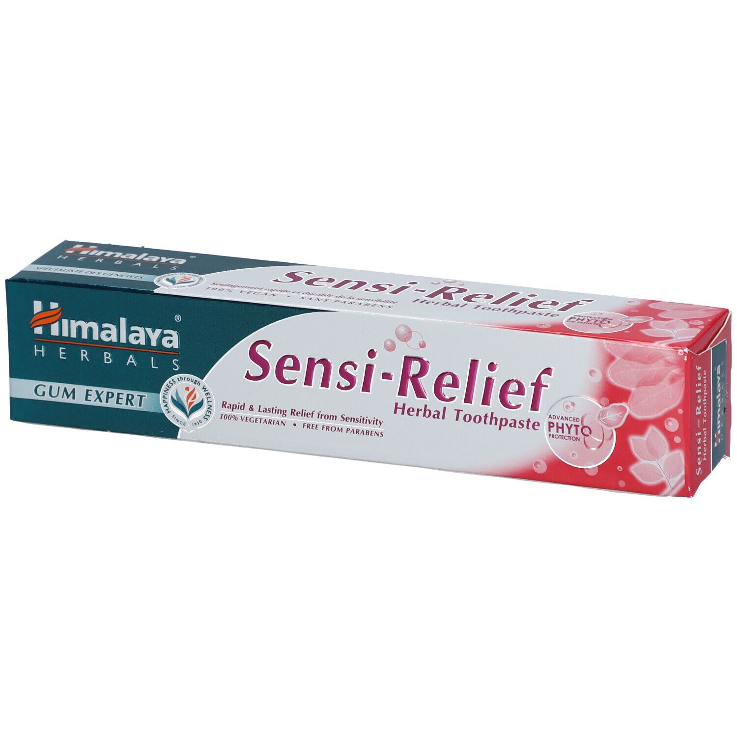 Boîte de dentifrice Himalaya Herbals Sensi-Relief. Blanc, rose et bleu. Texte : Herbal Toothpaste.