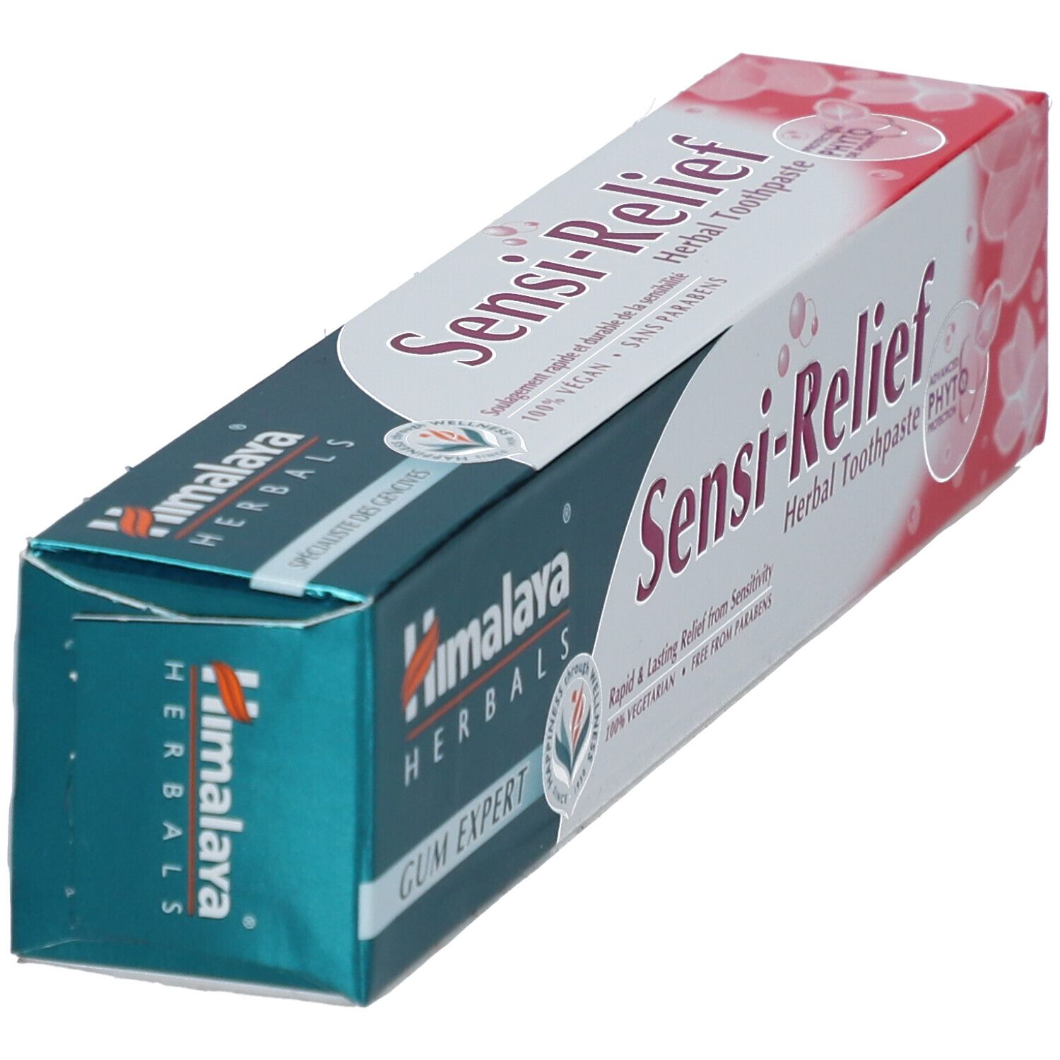 Boîte Himalaya Herbals Sensi-Relief. Bleu, blanc et rose. Texte : Sensi-Relief Herbal Toothpaste.