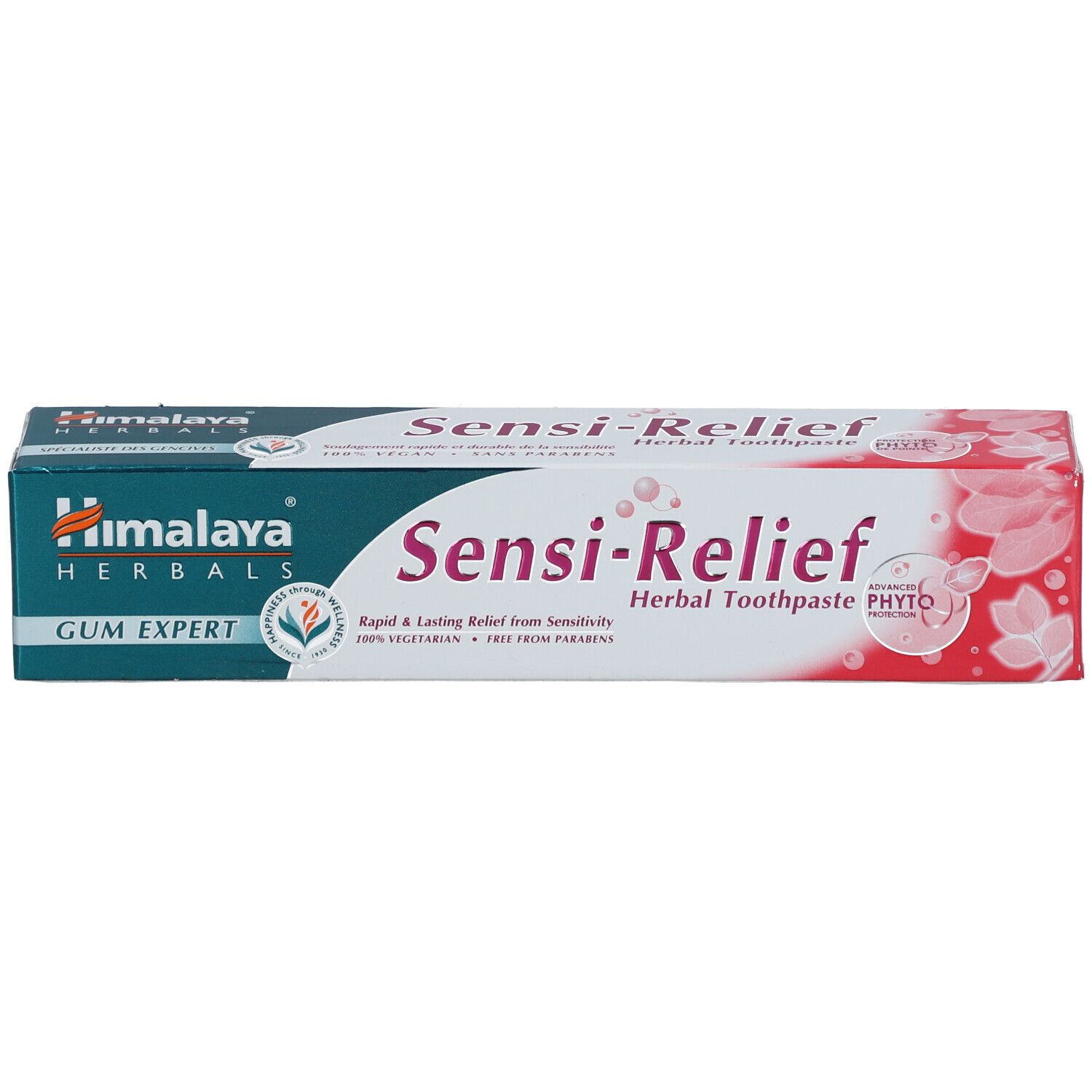 Boîte de dentifrice Himalaya Herbals Sensi-Relief. Blanc, rose et bleu. Texte : Herbal Toothpaste.