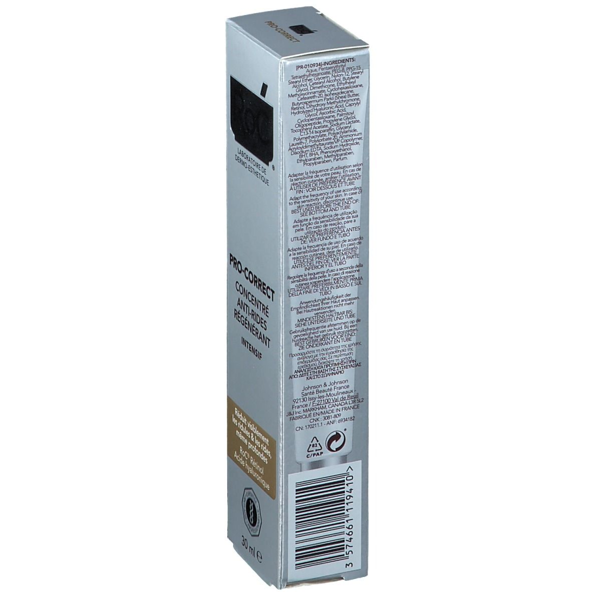 Boîte de produit avec informations. Texte en français. Code-barres et indication 30 ml.