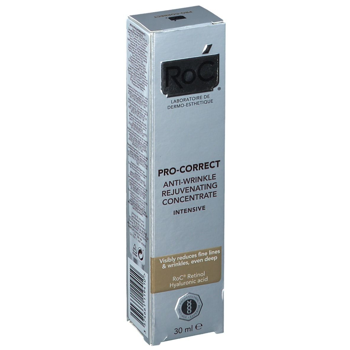 Boîte argentée avec nom et logo du produit. Texte : PRO-CORRECT, Anti-Wrinkle, Concentré.