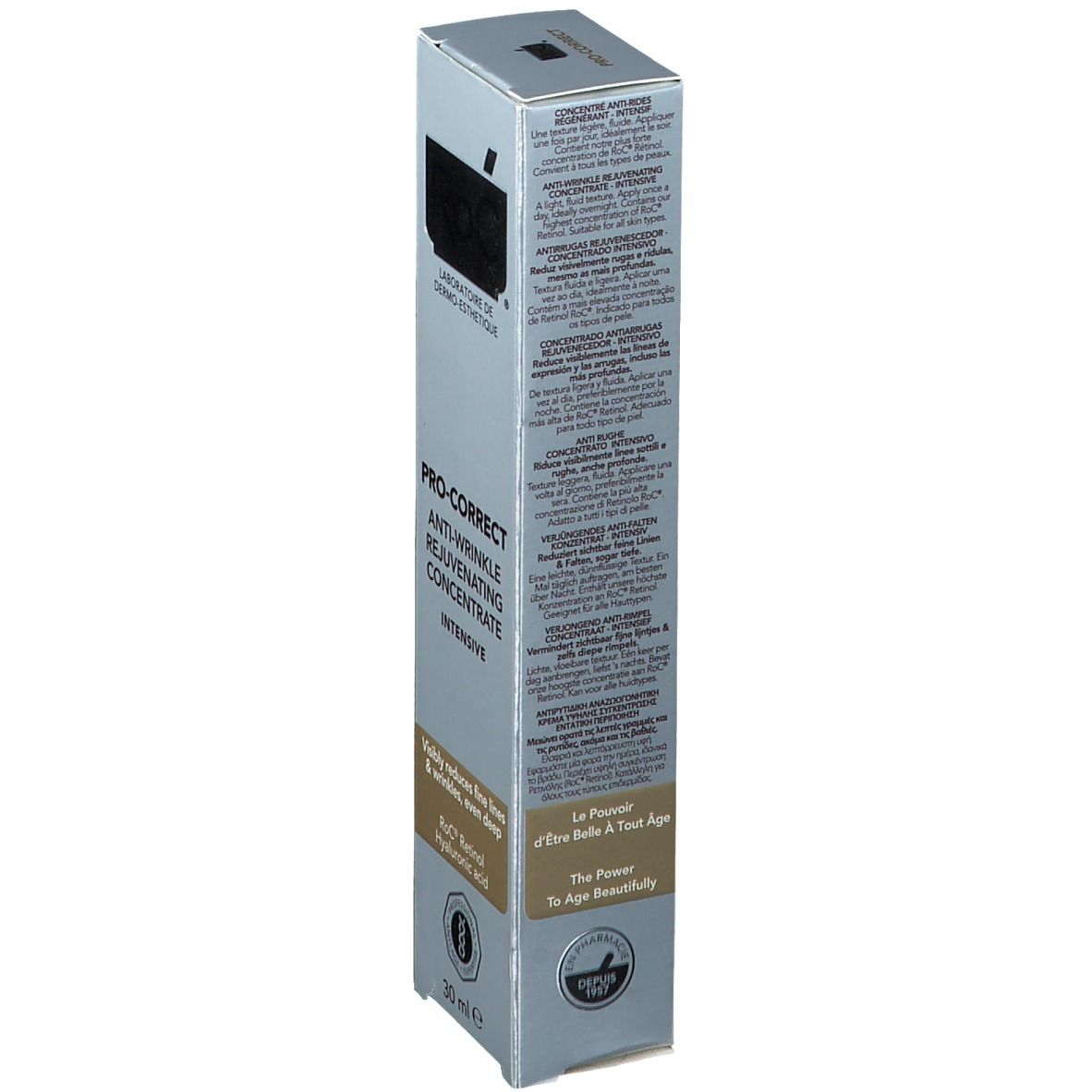 Boîte argentée avec informations produit. Texte en français. Indication 30 ml.