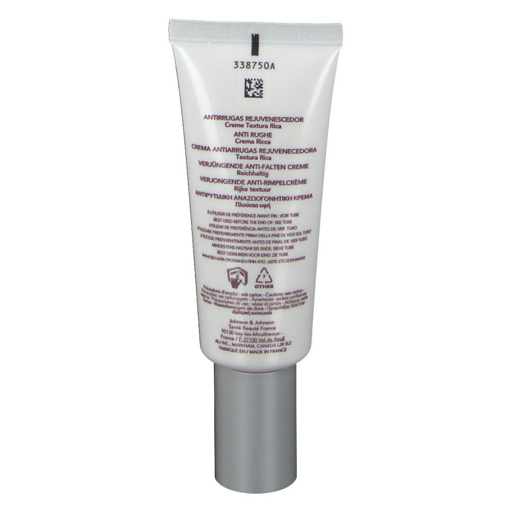 Dos du tube de crème. Inscriptions: Crème Anti-Rides, Anti-Rimpelcrème, Anti-Rugas, etc. Bouchon argenté.