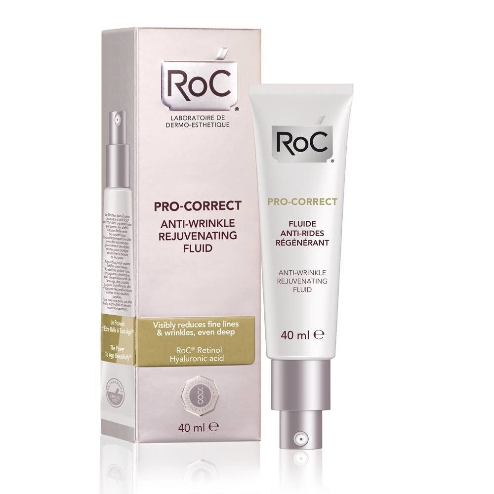 RoC PRO-CORRECT Fluide Anti-Rides Régénérant. Tube et boîte. 40 ml. Texte: RoC, PRO-CORRECT, Fluide Anti-Rides Régénérant.