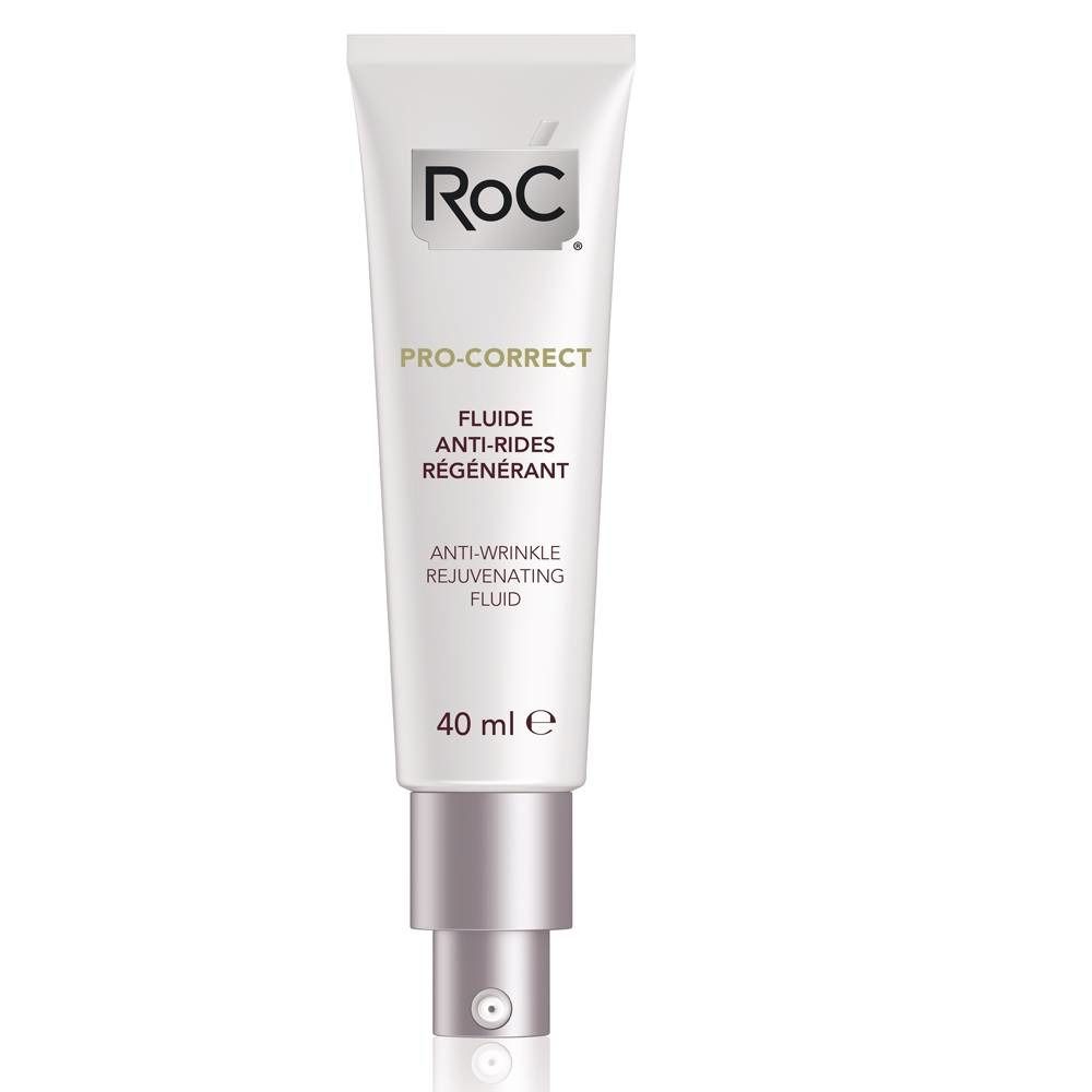 RoC PRO-CORRECT Fluide Anti-Rides Régénérant. Tube avec doseur. 40 ml. Texte: RoC, PRO-CORRECT, Fluide Anti-Rides Régénérant.
